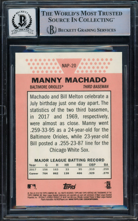 Manny Machado Autographed 2018 Topps Heritage New Age Performers Card #NAP-20 Baltimore Orioles Auto Grade Gem Mint 10 Beckett BAS #16542698