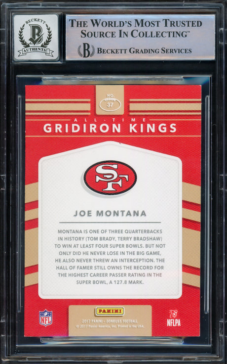 Joe Montana Autographed 2017 Donruss All Time Gridiron Kings Card #37 San Francisco 49ers Auto Grade Gem Mint 10 Beckett BAS #16543315