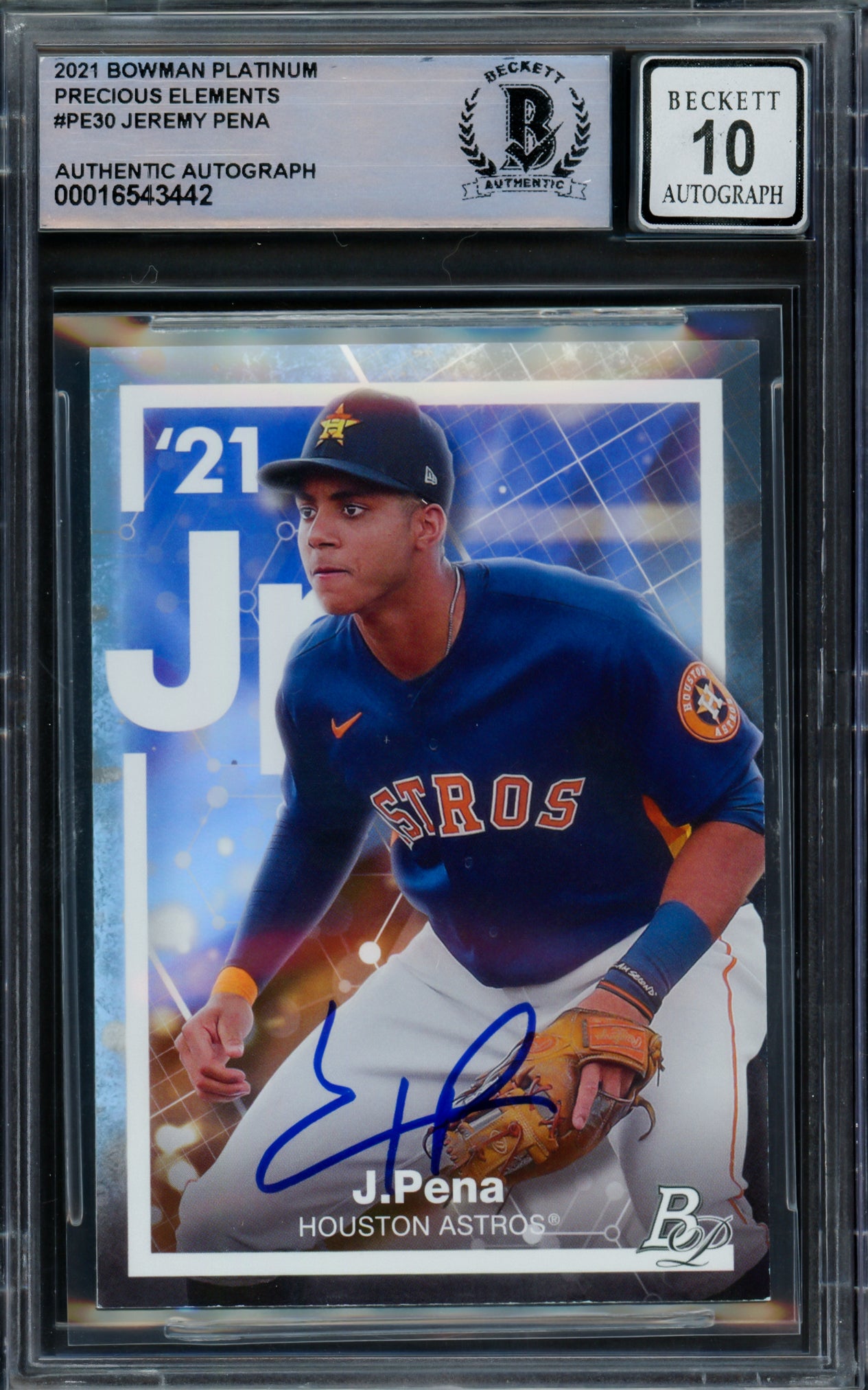 Jeremy Pena Autographed 2021 Bowman Platinum Rookie Card #PE-30 Houston Astros Auto Grade Gem Mint 10 Beckett BAS #16543442