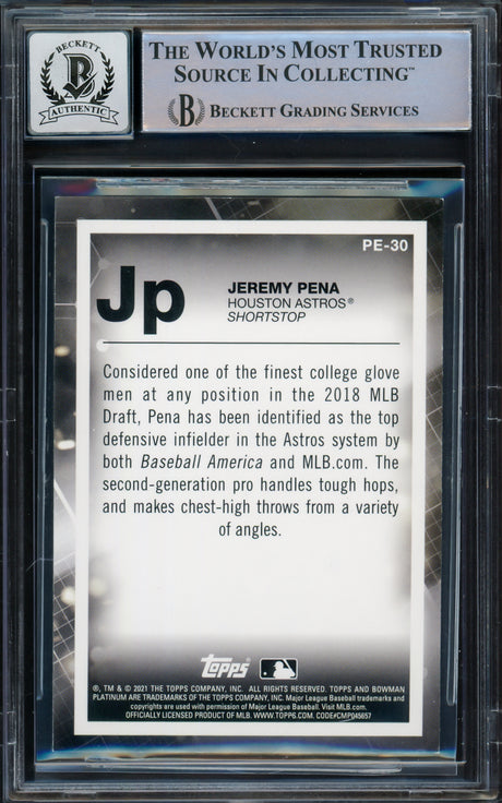 Jeremy Pena Autographed 2021 Bowman Platinum Rookie Card #PE-30 Houston Astros Auto Grade Gem Mint 10 Beckett BAS #16543442