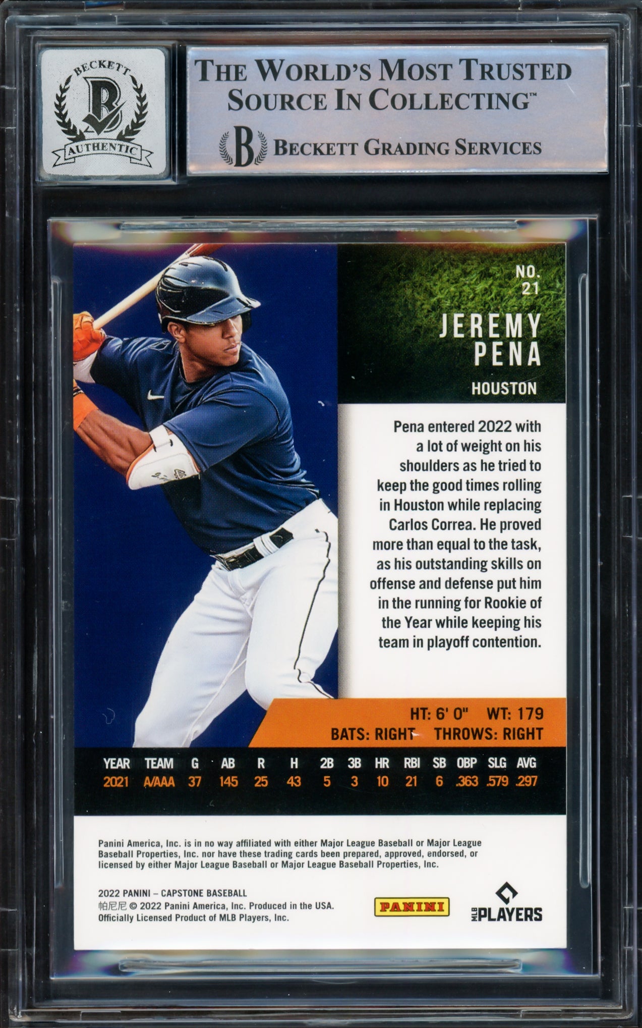 Jeremy Pena Autographed 2022 Panini Capstone Rookie Card #21 Houston Astros Auto Grade Gem Mint 10 Beckett BAS #16543444