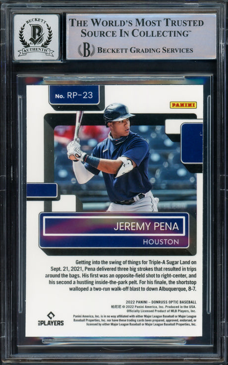 Jeremy Pena Autographed 2022 Donruss Optic Rookie Card #RP23 Houston Astros Auto Grade Gem Mint 10 Beckett BAS #16543452