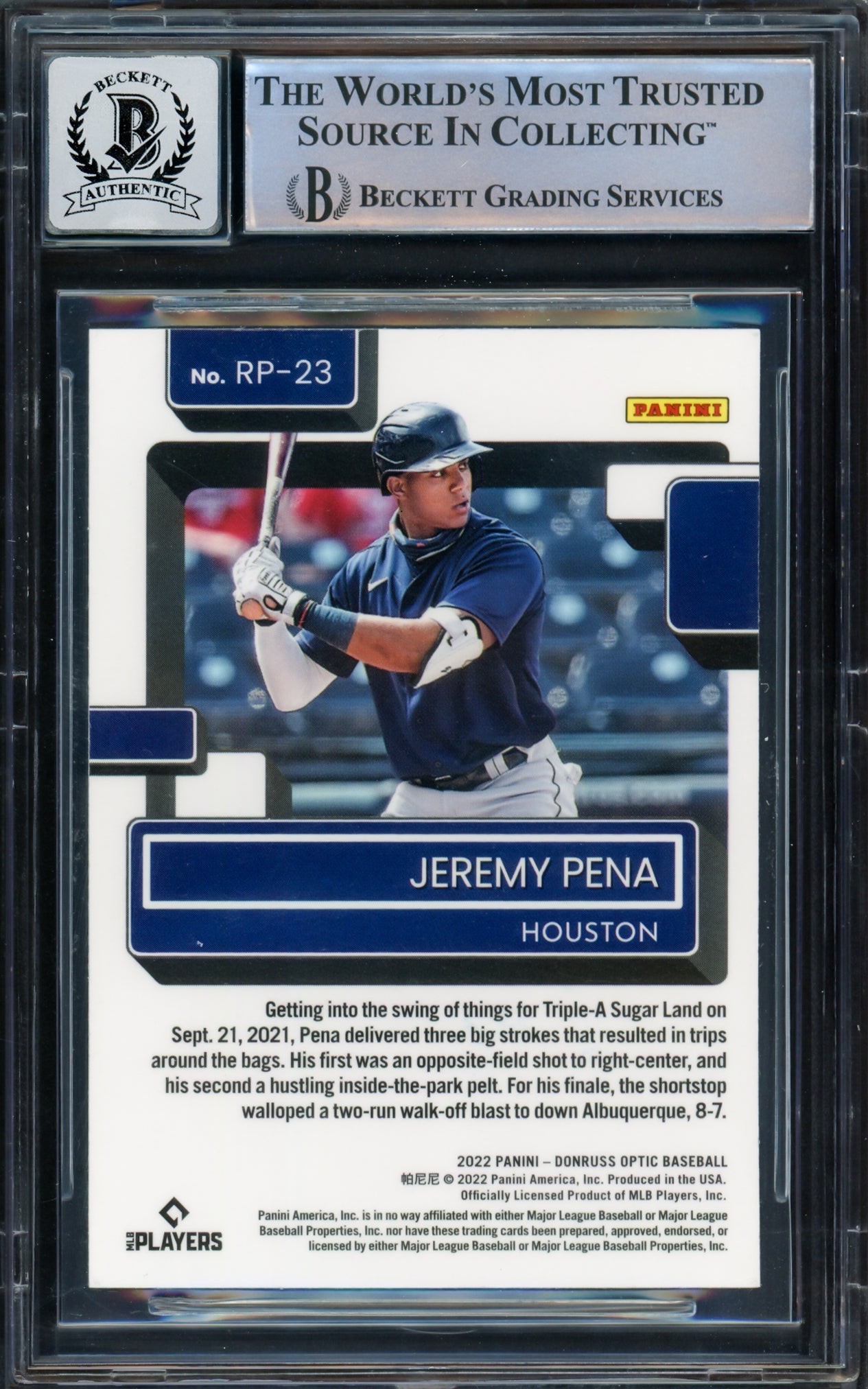 Jeremy Pena Autographed 2022 Donruss Optic Rookie Card #RP23 Houston Astros Auto Grade Gem Mint 10 Beckett BAS #16543449