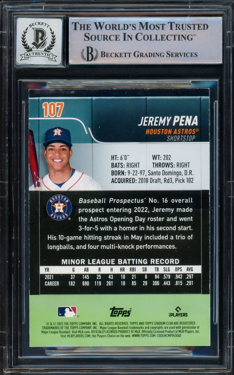 Jeremy Pena Autographed 2022 Stadium Club Rookie Card #107 Houston Astros Auto Grade Gem Mint 10 Blue Beckett BAS #16543463