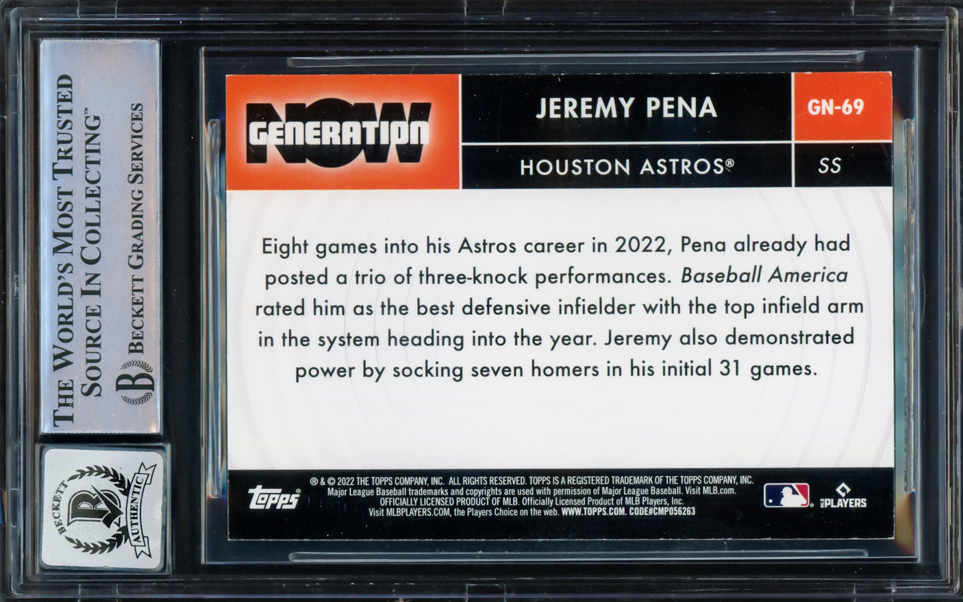 Jeremy Pena Autographed 2022 Topps Generation Now Rookie Card #GN-69 Houston Astros Auto Grade Gem Mint 10 Beckett BAS #16543492