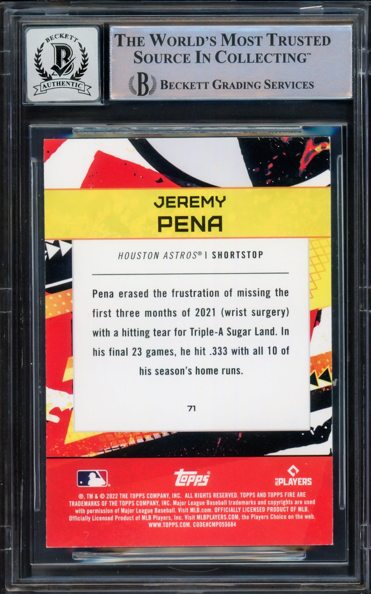 Jeremy Pena Autographed 2022 Topps Fire Rookie Card #71 Houston Astros Auto Grade Gem Mint 10 Beckett BAS #16543498