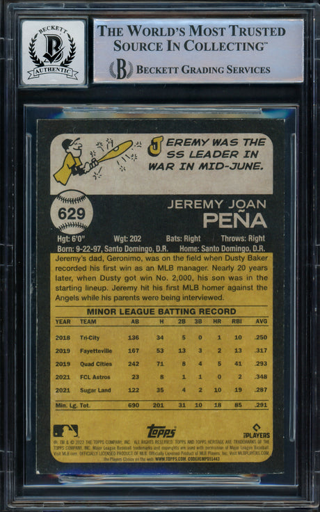 Jeremy Pena Autographed 2022 Topps Heritage Rookie Card #629 Houston Astros Auto Grade Gem Mint 10 Full Name Beckett BAS #16543500