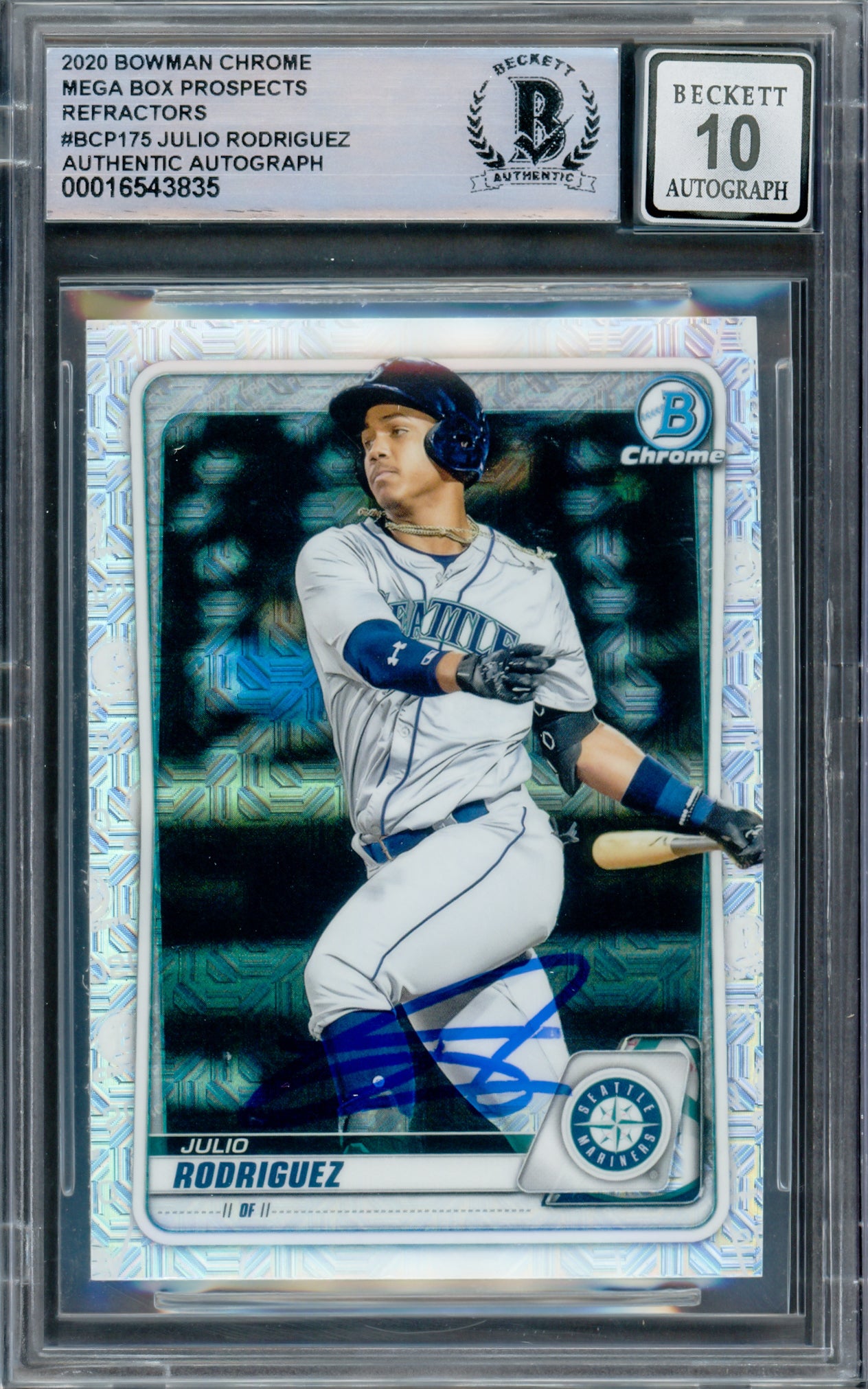 Julio Rodriguez Autographed 2020 Bowman Chrome Mega Refractor Rookie Card #BCP175 Seattle Mariners Auto Grade Gem Mint 10 Beckett BAS #16573835