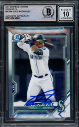 Julio Rodriguez Autographed 2021 Bowman Chrome Prospects Rookie Card #BCP86 Seattle Mariners Auto Grade Gem Mint 10 Beckett BAS #16543848