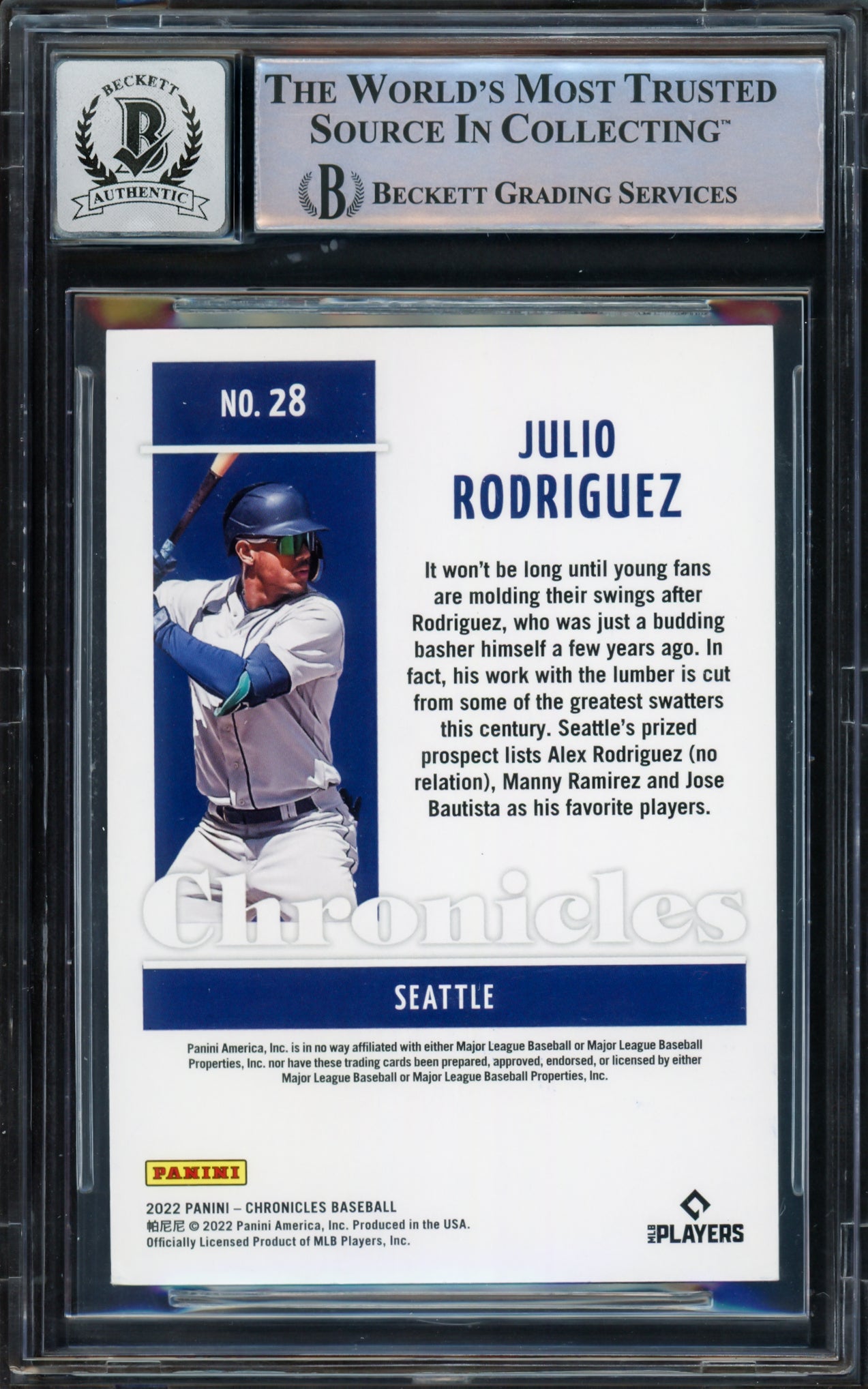 Julio Rodriguez Autographed 2022 Panini Chronicles Rookie Card #28 Seattle Mariners Auto Grade Gem Mint 10 Beckett BAS #16543921