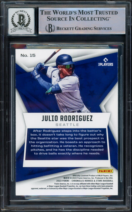 Julio Rodriguez Autographed 2022 Chronicles Rookies & Stars Rookie Card #15 Seattle Mariners Auto Grade Gem Mint 10 Beckett BAS #16543924