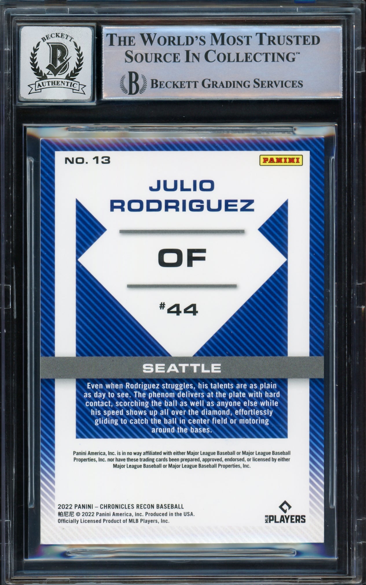 Julio Rodriguez Autographed 2022 Panini Chronicles Recon Rookie Card #13 Seattle Mariners Auto Grade Gem Mint 10 Beckett BAS #16543926