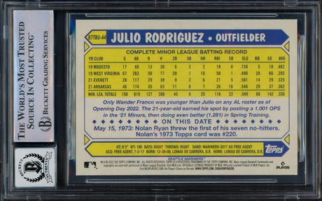 Julio Rodriguez Autographed 2022 Topps Update 35th Anniversary Rookie Card #87TBU-44 Seattle Mariners Auto Grade Gem Mint 10 Beckett BAS #16544040