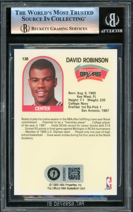 David Robinson Autographed 1989-90 Hoops Rookie Card #138 San Antonio Spurs Beckett BAS #14583634