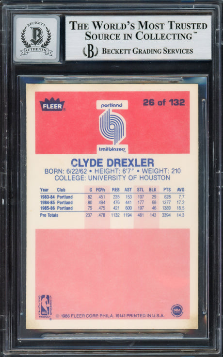 Clyde Drexler Autographed 1986 Fleer Rookie Card #26 Portland Trail Blazers Auto Grade Gem Mint 10 "The Glide" Beckett BAS #14058480