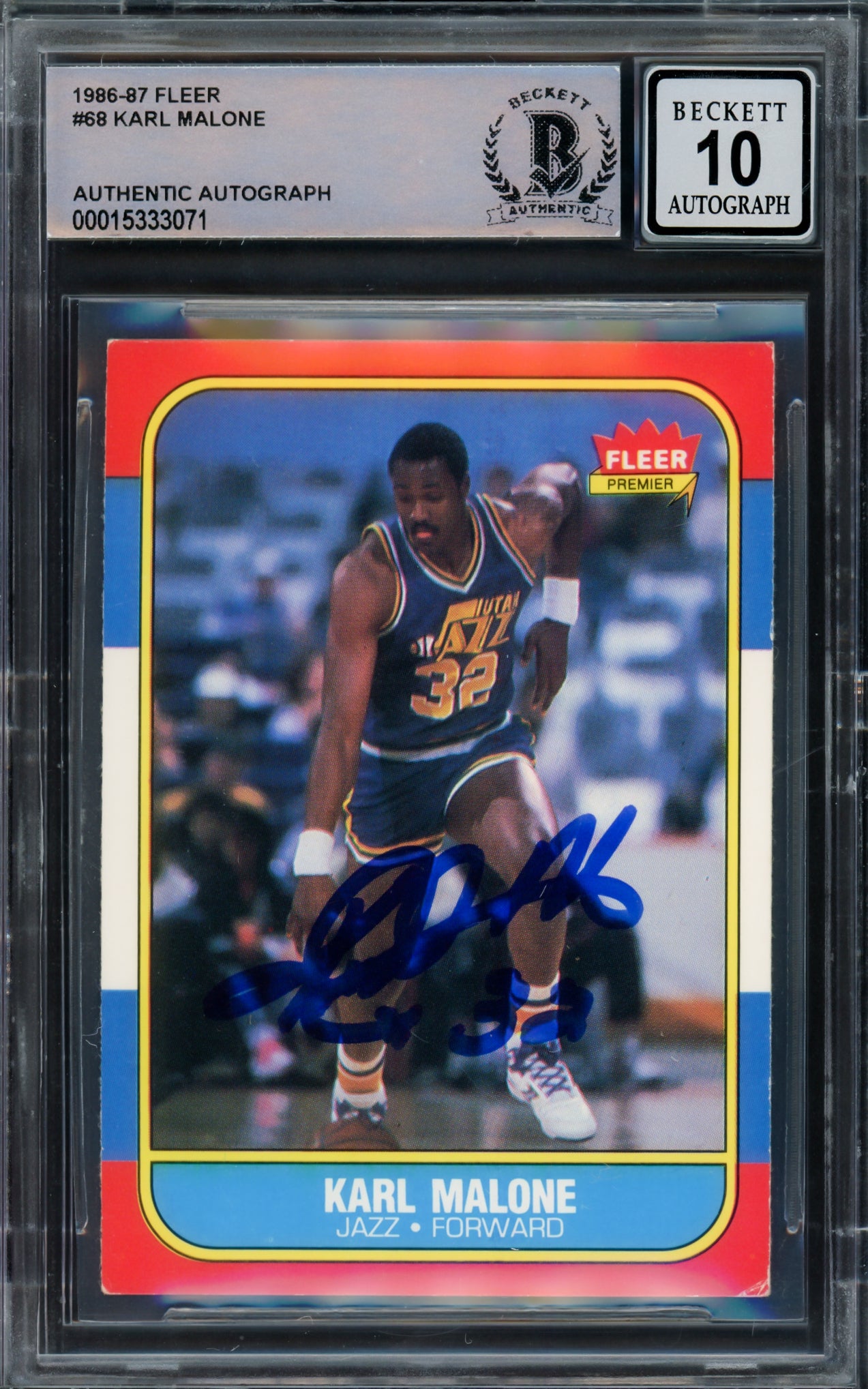 Karl Malone Autographed 1986 Fleer Rookie Card #68 Utah Jazz Auto Grade Gem Mint 10 Beckett BAS #15333071