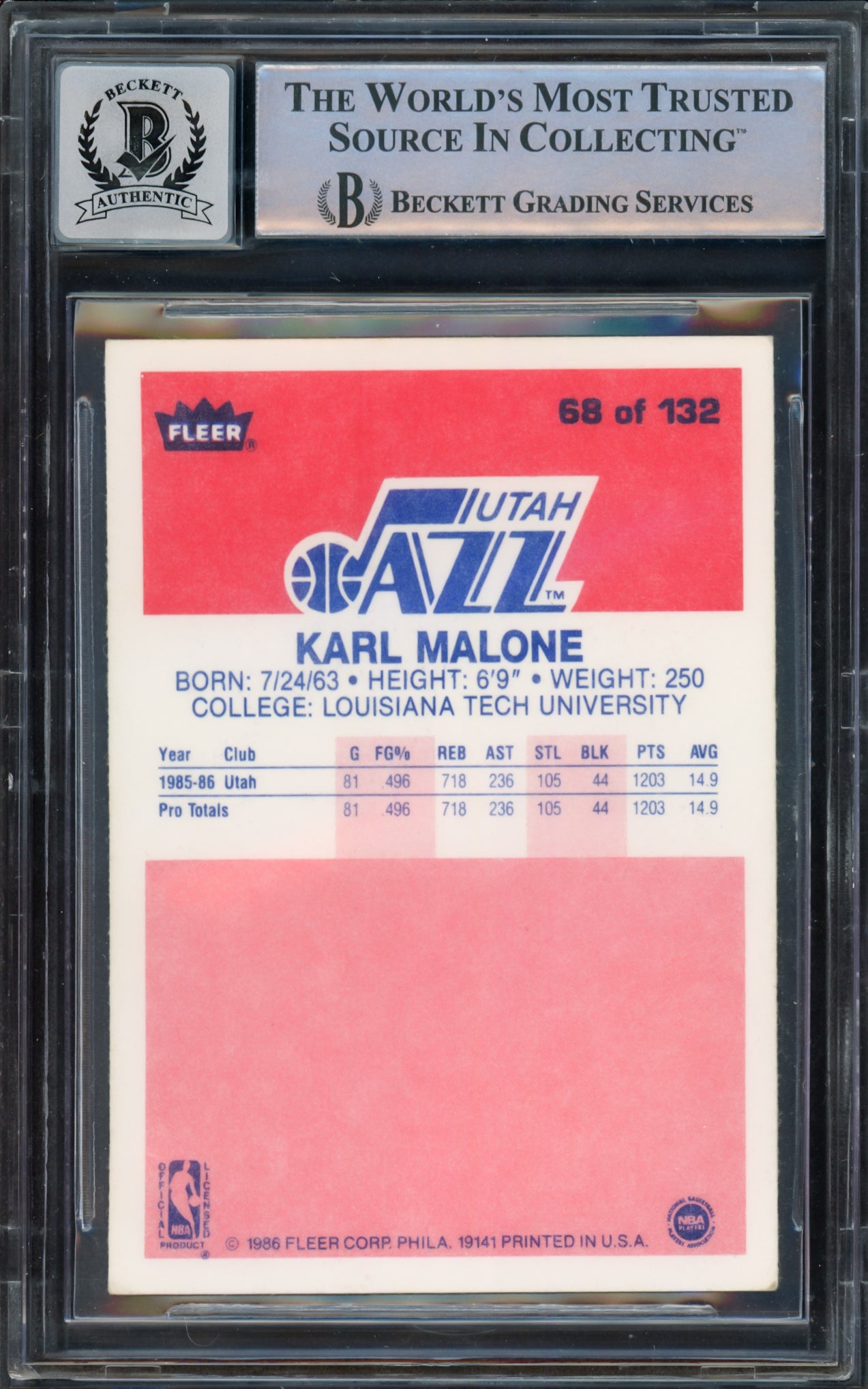 Karl Malone Autographed 1986 Fleer Rookie Card #68 Utah Jazz Auto Grade Gem Mint 10 Beckett BAS #15333071