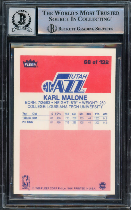 Karl Malone Autographed 1986 Fleer Rookie Card #68 Utah Jazz Auto Grade Gem Mint 10 Beckett BAS #15333073