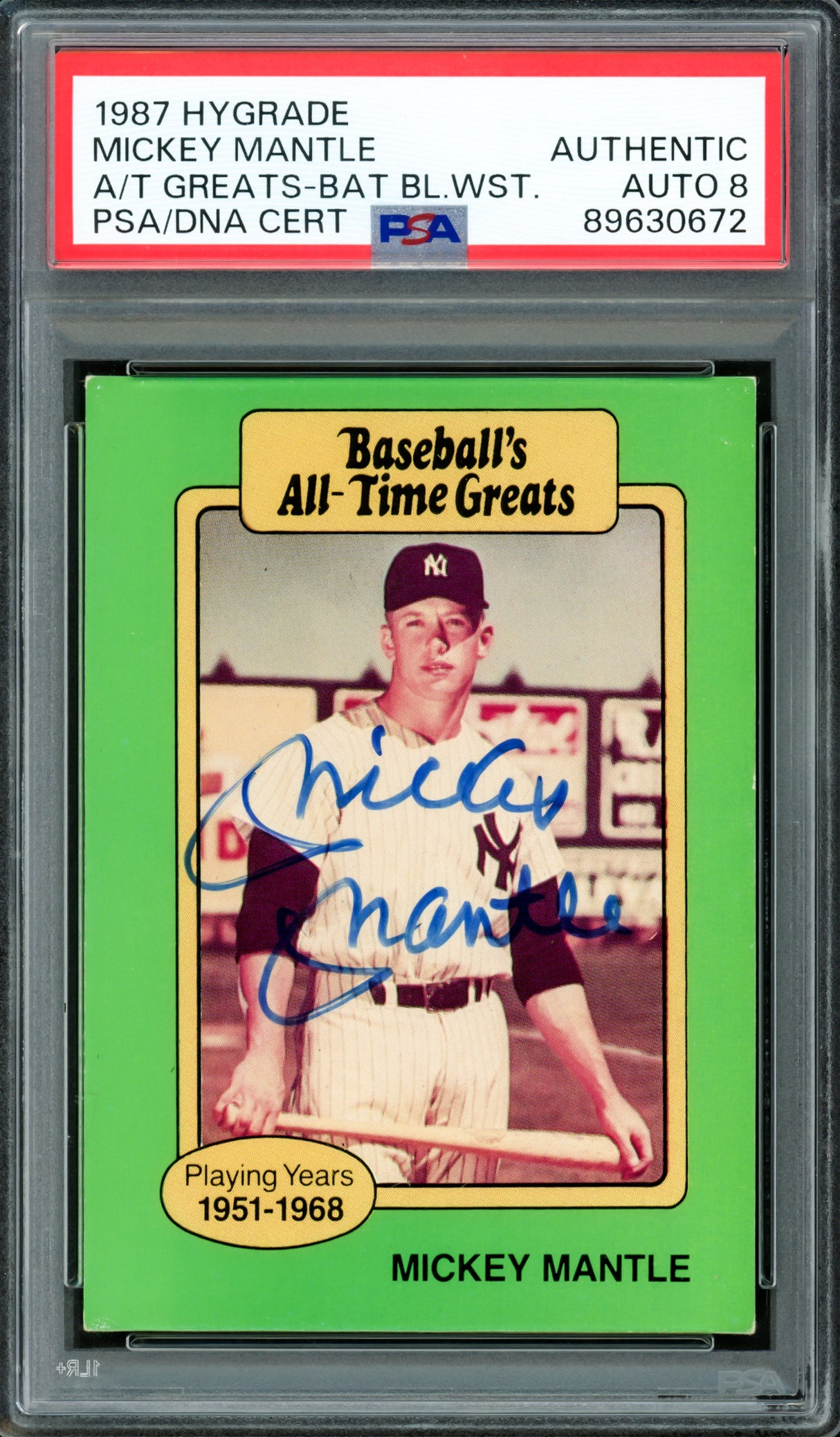 Mickey Mantle Autographed 1987 Hygrade Card New York Yankees Auto Grade Near Mint/Mint 8 PSA/DNA #89630672