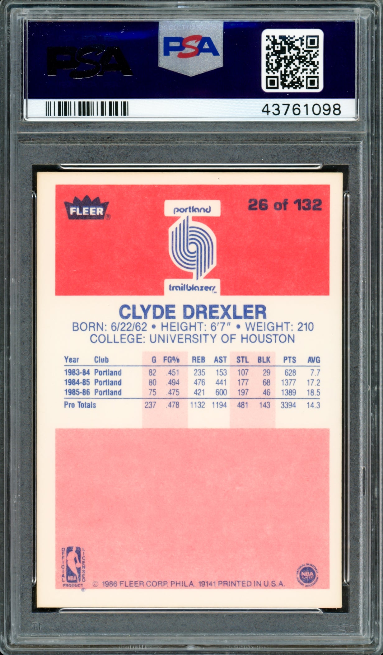 Clyde Drexler Autographed 1986 Fleer Rookie Card #26 Portland Trail Blazers PSA/DNA #43761098