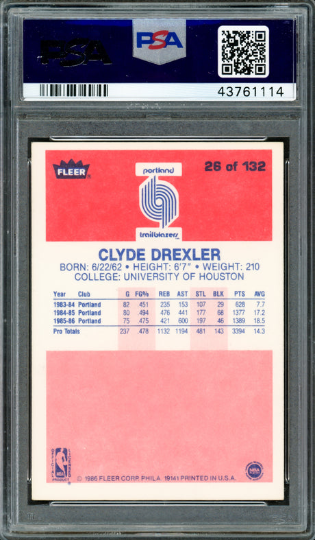 Clyde Drexler Autographed 1986 Fleer Rookie Card #26 Portland Trail Blazers PSA/DNA #43761114