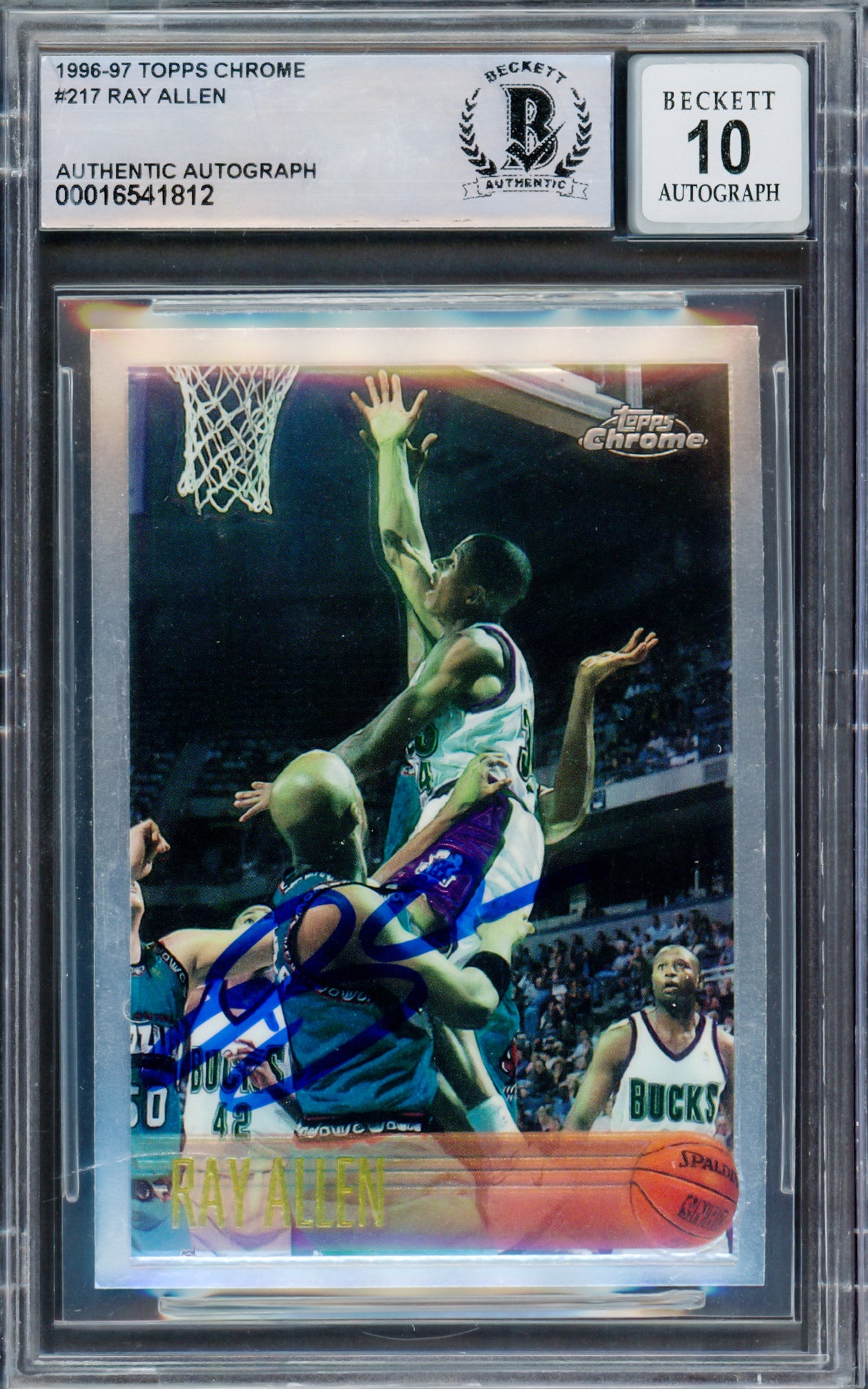 Ray Allen Autographed 1996 Topps Chrome Rookie Card #217 Milwaukee Bucks Auto Grade Gem Mint 10 Beckett BAS #16541812