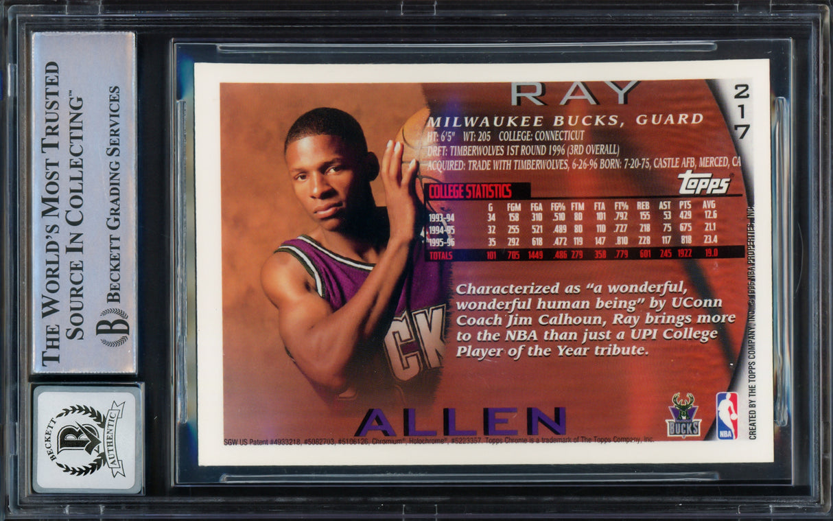 Ray Allen Autographed 1996 Topps Chrome Rookie Card #217 Milwaukee Bucks Auto Grade Gem Mint 10 Beckett BAS #16541812