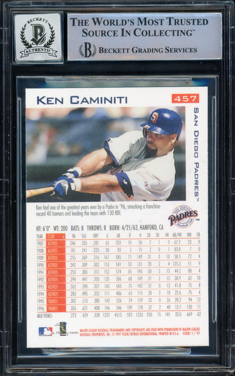 Ken Caminiti Autographed 1997 Fleer Card #457 San Diego Padres Auto Grade Gem Mint 10 Beckett BAS #16541860