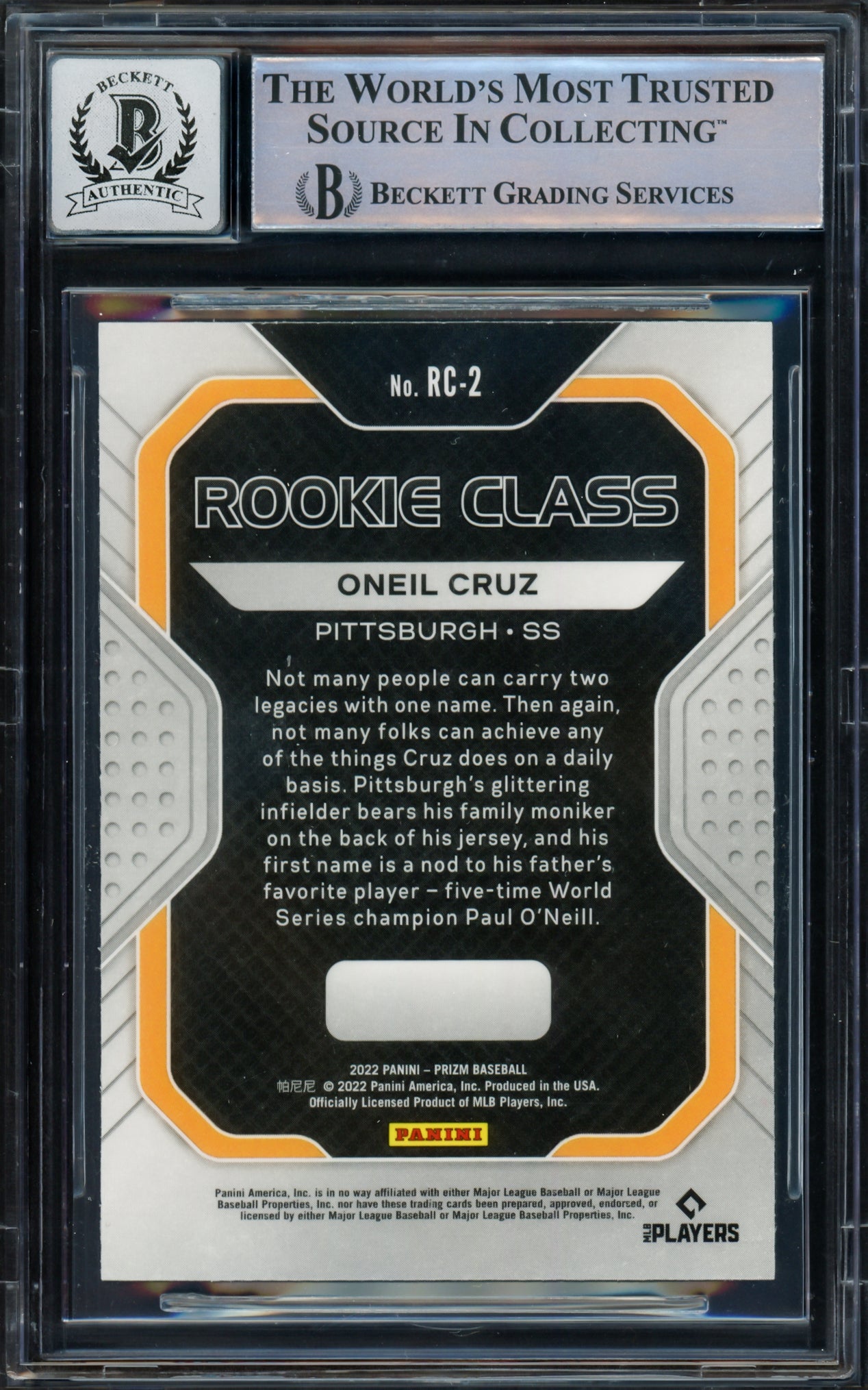 Oneil Cruz Autographed 2022 Panini Prizm Rookie Class Rookie Card #RC2 Pittsburgh Pirates Auto Grade Gem Mint 10 Beckett BAS #16542090