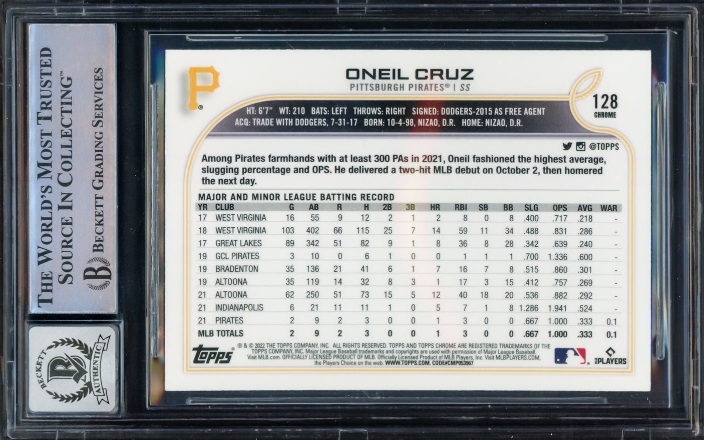 Oneil Cruz Autographed 2022 Topps Chrome Rookie Card #128 Pittsburgh Pirates Auto Grade Gem Mint 10 Beckett BAS #16542097