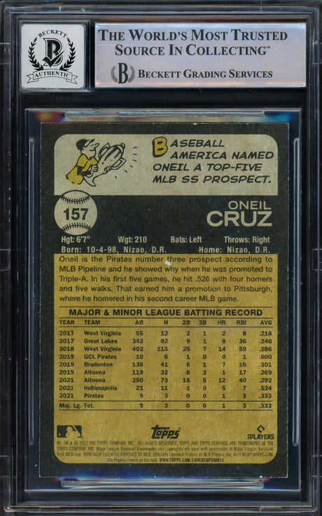 Oneil Cruz Autographed 2022 Topps Heritage Rookie Card #157 Pittsburgh Pirates Auto Grade Gem Mint 10 Beckett BAS #16542100