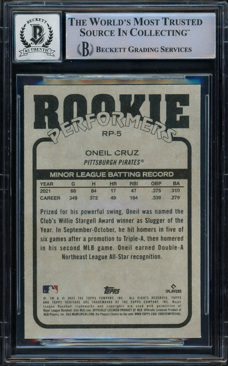 Oneil Cruz Autographed 2022 Topps Heritage Rookie Performers Rookie Card #RP5 Pittsburgh Pirates Auto Grade Gem Mint 10 Beckett BAS #16542102