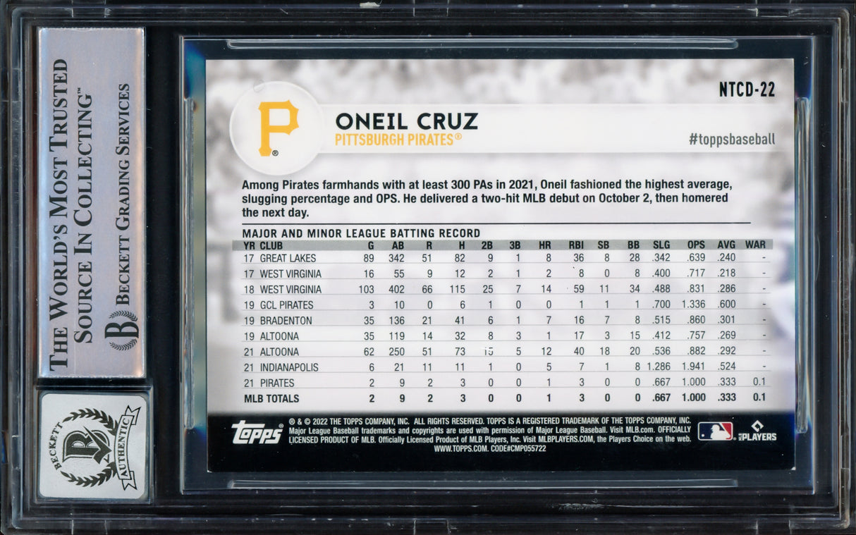 Oneil Cruz Autographed 2022 Topps National Trading Card Day Rookie Card #NTCD22 Pittsburgh Pirates Auto Grade Gem Mint 10 Beckett BAS #16542106