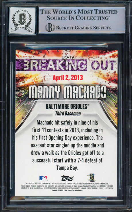 Manny Machado Autographed 2014 Topps Breaking Out Card #BO19 Baltimore Orioles Auto Grade Gem Mint 10 Beckett BAS #16542338