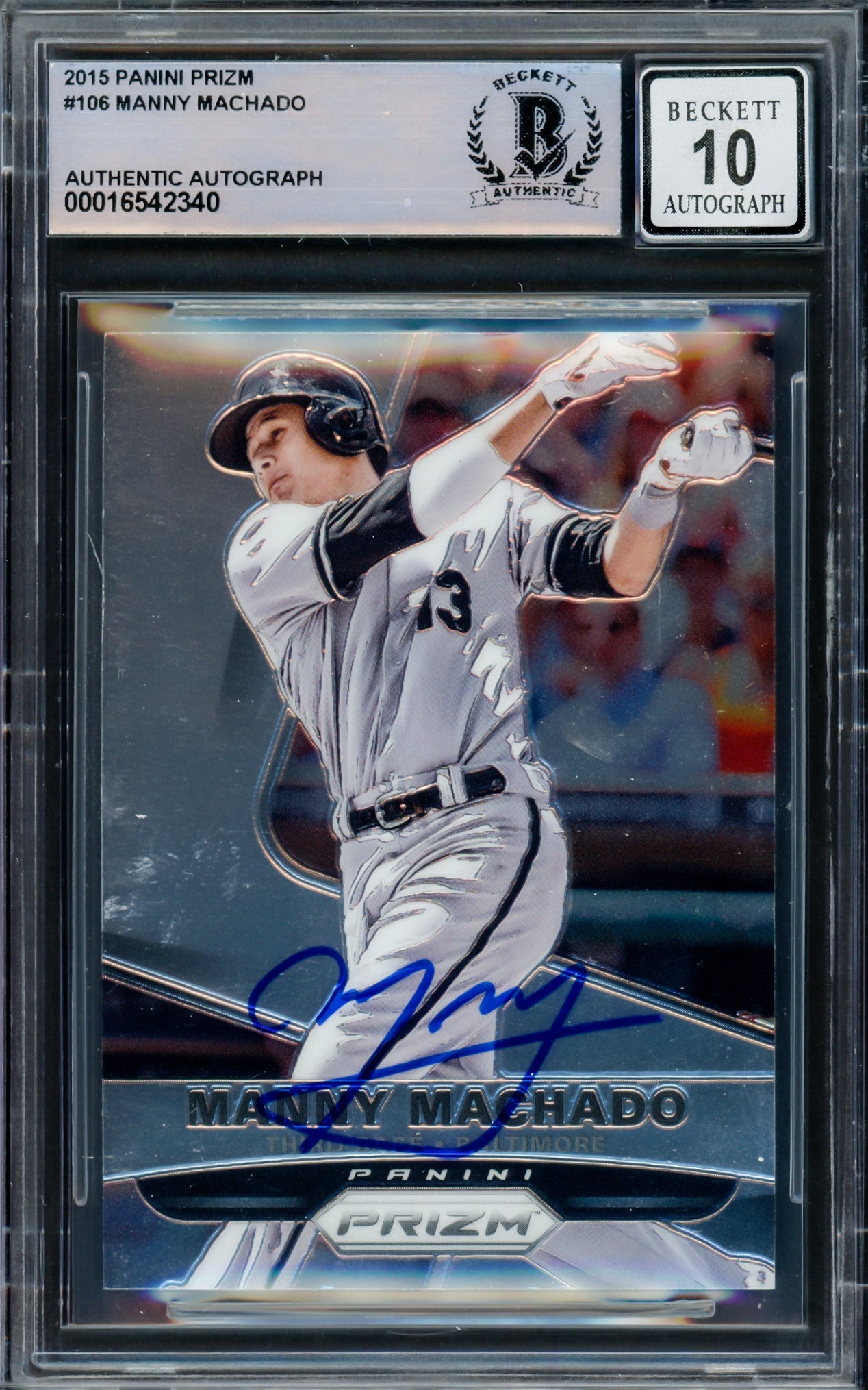 Manny Machado Autographed 2015 Panini Prizm Card #106 Baltimore Orioles Auto Grade Gem Mint 10 Beckett BAS #16542340