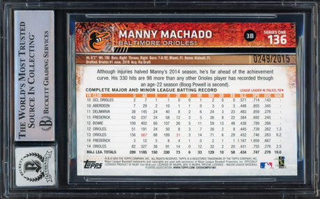 Manny Machado Autographed 2015 Topps Gold Card #136 Baltimore Orioles Auto Grade Gem Mint 10 #249/2015 Beckett BAS #16542349