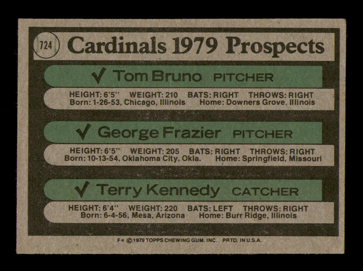 Terry Kennedy, George Frazier & Tom Bruno Autographed 1979 Topps Rookie Card #724 St. Louis Cardinals SKU #231068