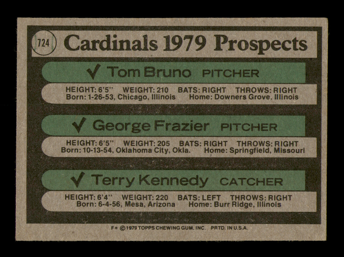 Terry Kennedy, George Frazier & Tom Bruno Autographed 1979 Topps Rookie Card #724 St. Louis Cardinals SKU #231068