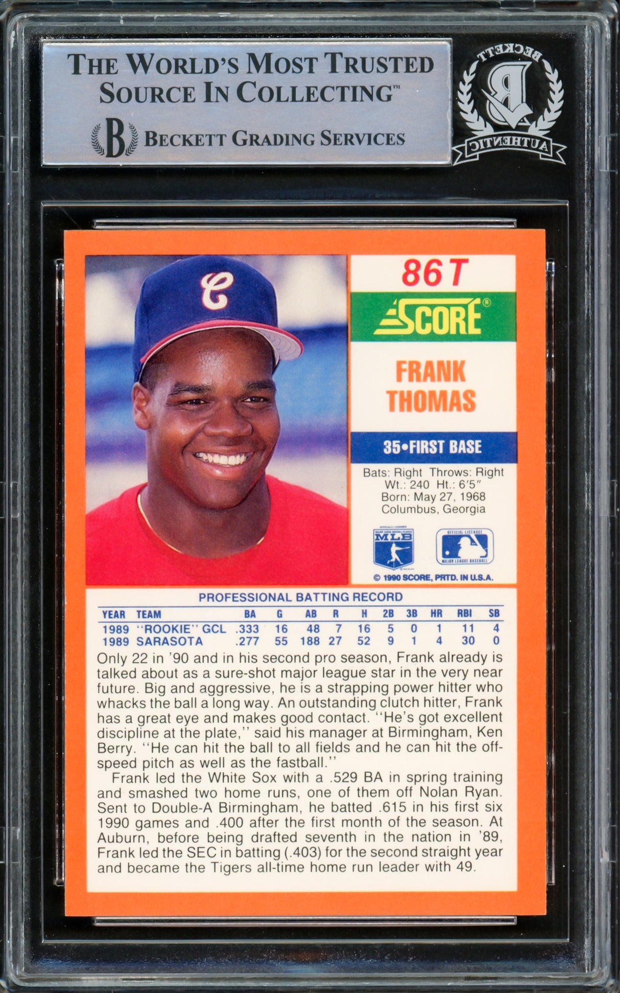 Frank Thomas Autographed 1990 Score Traded Rookie Card #86T Chicago White Sox Beckett BAS Stock #216702