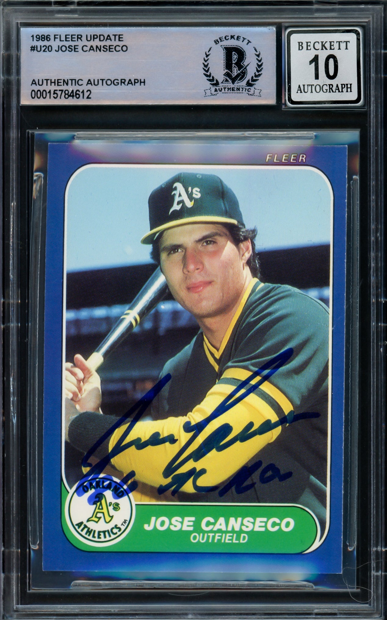 Jose Canseco Autographed 1986 Fleer Update Rookie Card #U-20 Oakland A's Auto Grade Gem Mint 10 "86 AL ROY" Beckett BAS Stock #216705