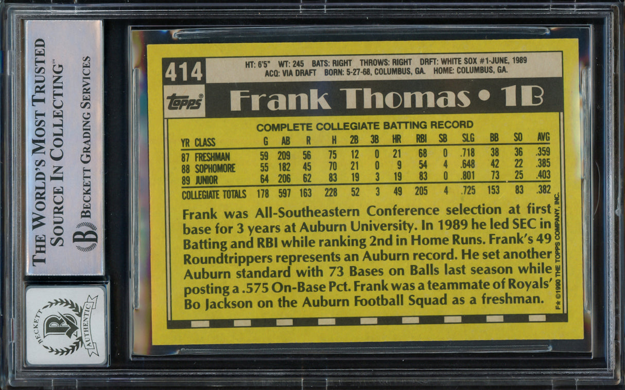 Frank Thomas Autographed 1990 Topps Rookie Card #414 Chicago White Sox Auto Grade Gem Mint 10 Beckett BAS Stock #211362