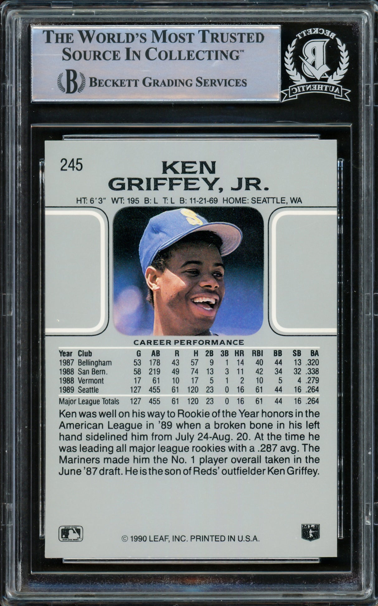 Ken Griffey Jr. Autographed 1990 Leaf Card #245 Seattle Mariners Beckett BAS Stock #216862