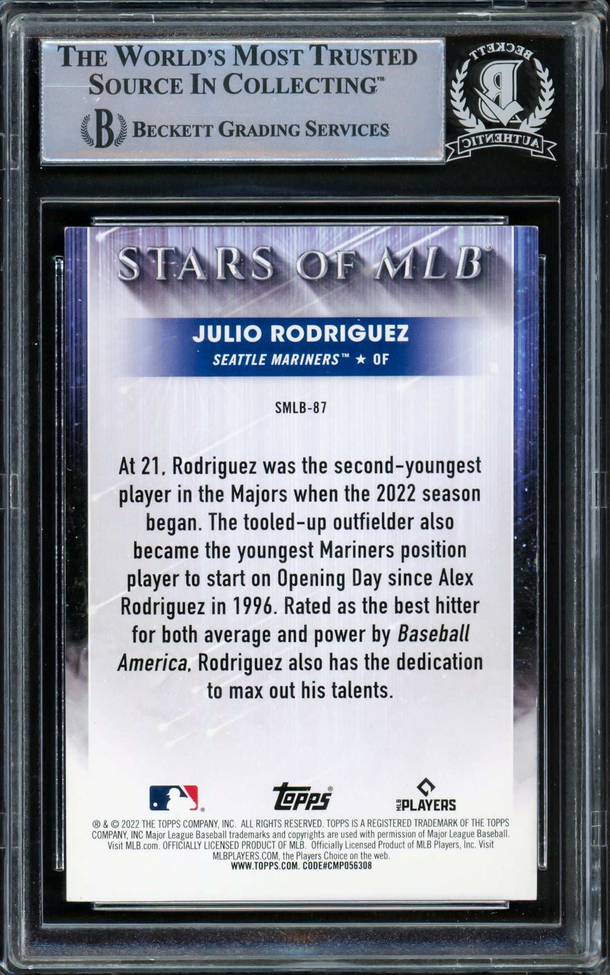 Julio Rodriguez Autographed 2022 Topps Stars of MLB Rookie Card #SMLB-87 Seattle Mariners Beckett BAS Stock #216869