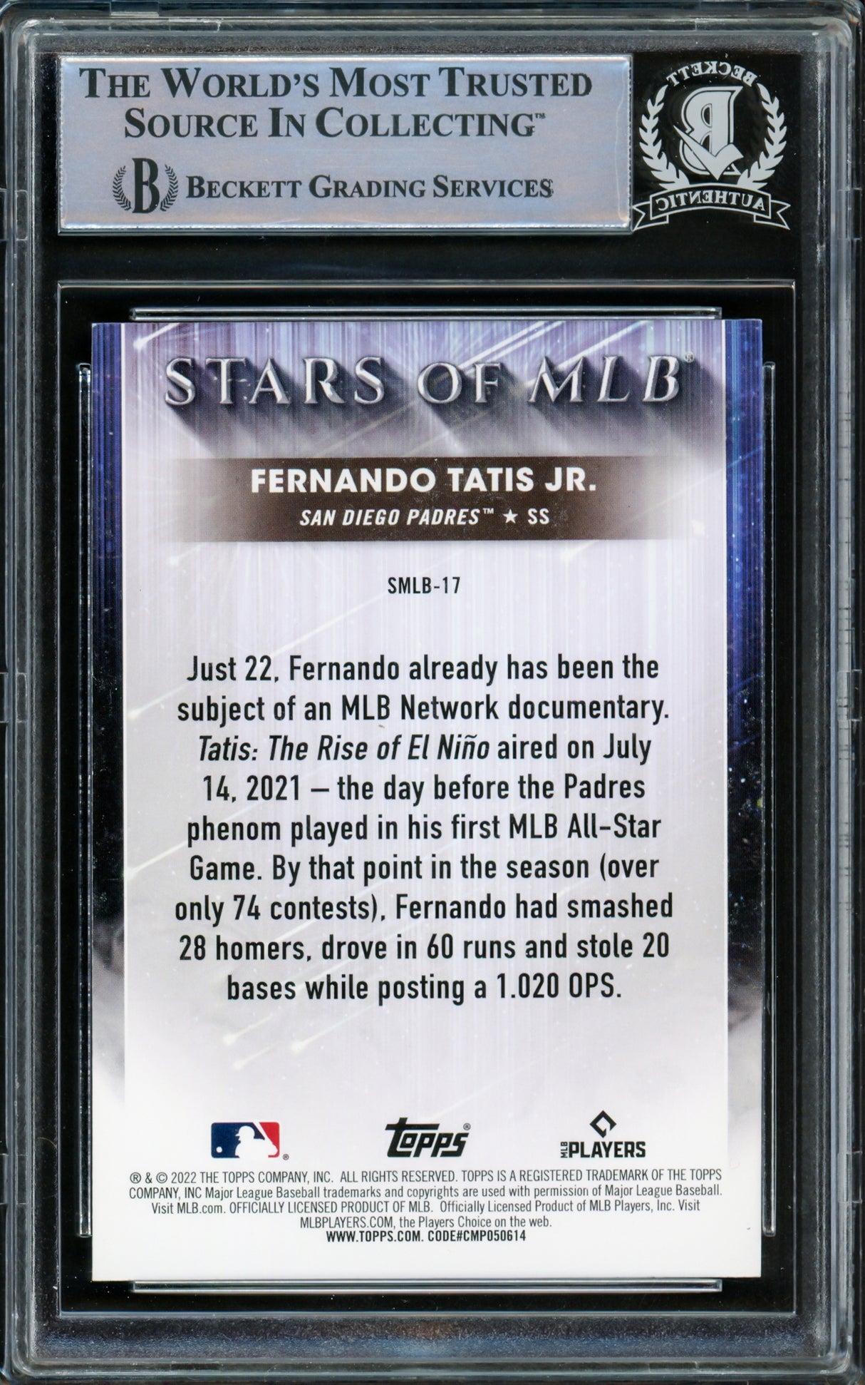 Fernando Tatis Jr. Autographed 2022 Topps Stars of MLB Card #SMLB-17 San Diego Padres Beckett BAS Stock #216881