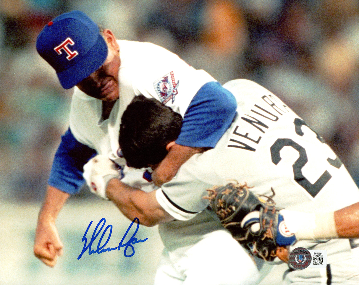 Nolan Ryan Autographed 8x10 Photo Texas Rangers Fight vs. Robin Ventura Beckett BAS QR Stock #216126