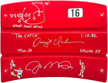 Joe Montana & Dwight Clark Autographed Red Stadium Used Candlestick Park Seatback San Francisco 49ers "The Catch, Sprint Right Option Play Sketch" Beckett BAS QR Stock #231872