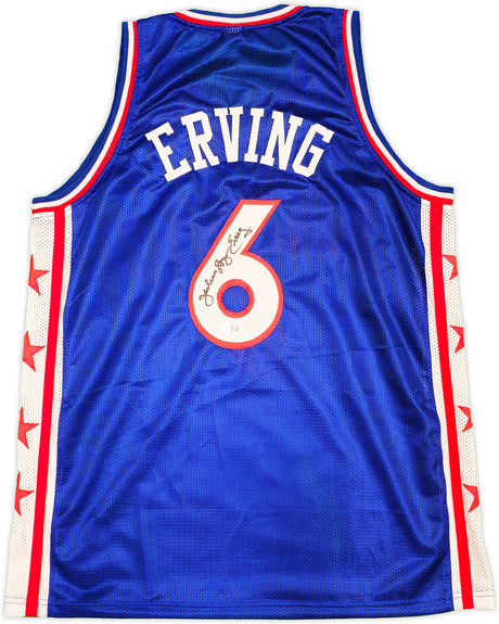 Philadelphia 76ers Julius "Dr. J" Erving Autographed Blue Jersey Beckett BAS Witness Stock #232613