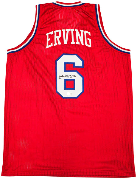 Philadelphia 76ers Julius "Dr. J" Erving Autographed Red Jersey Beckett BAS Witness Stock #232614