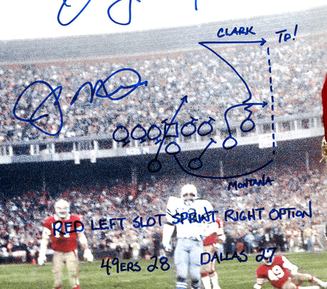 Joe Montana & Dwight Clark Autographed 16x20 Photo San Francisco 49ers "1981 NFC Championship Game, The Catch, Sprint Right Option Play Sketch" Beckett BAS QR Stock #232733