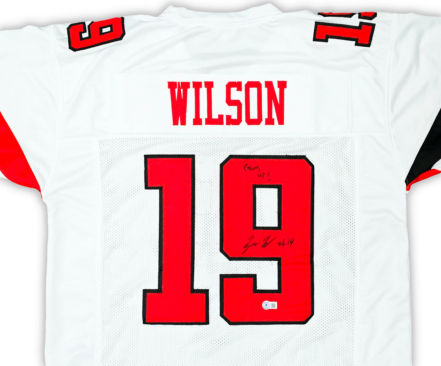 Texas Tech Red Raiders Tyree Wilson Autographed White Jersey "Guns Up" Beckett BAS Witness Stock #215906